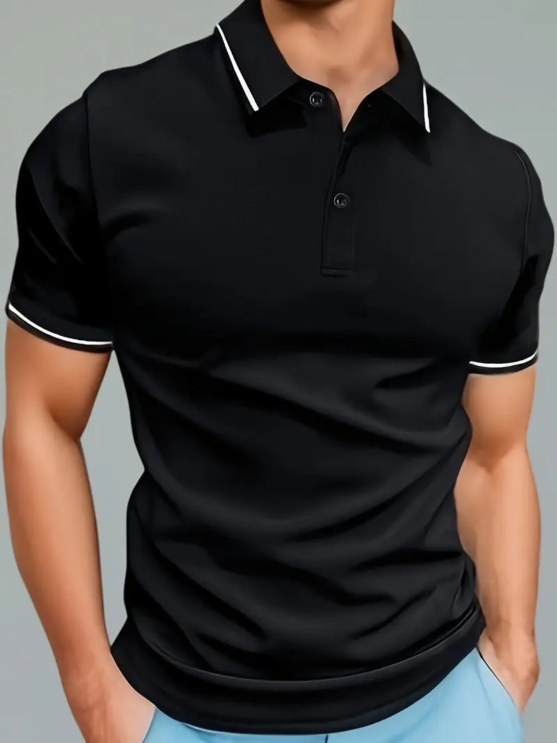 Zwart heren polo shirt met korte mouwen en contrasterende bies