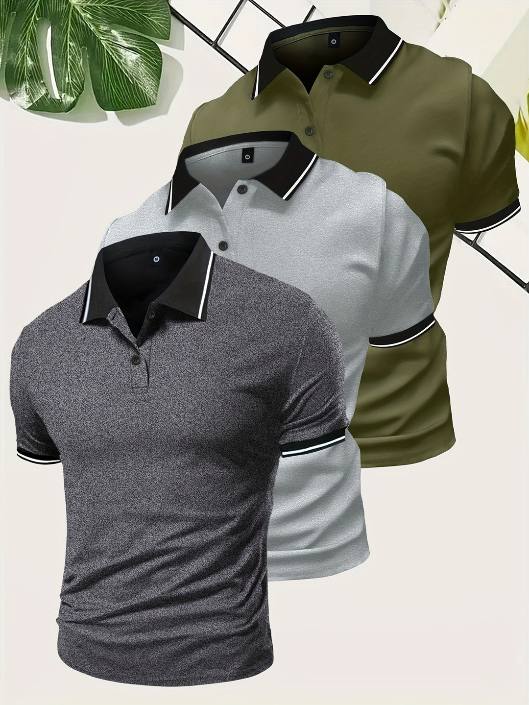 "Heren polo shirt set in effen kleuren grijs, zwart, en wit, lichtgewicht en ademend voor comfort en stijl."