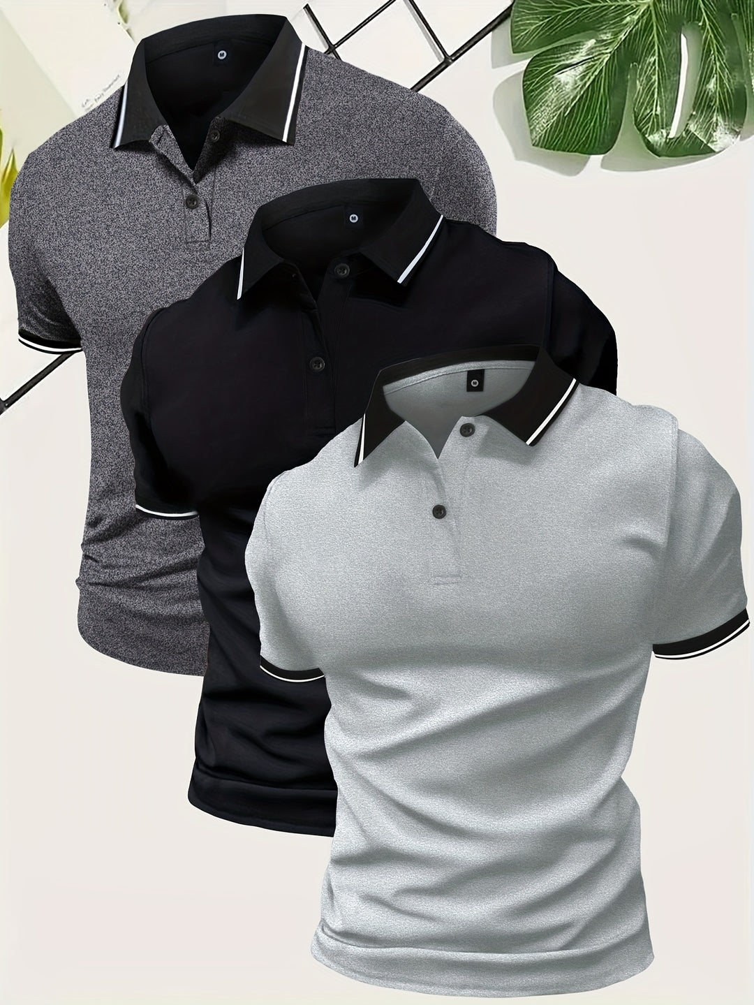"Heren polo shirt set in effen kleuren grijs, zwart, en wit, lichtgewicht en ademend voor comfort en stijl."
