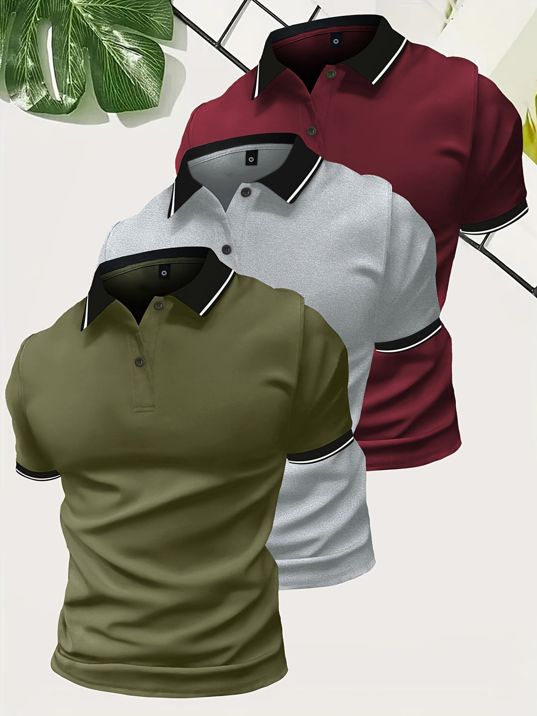 "Heren polo shirt set in effen kleuren grijs, zwart, en wit, lichtgewicht en ademend voor comfort en stijl."
