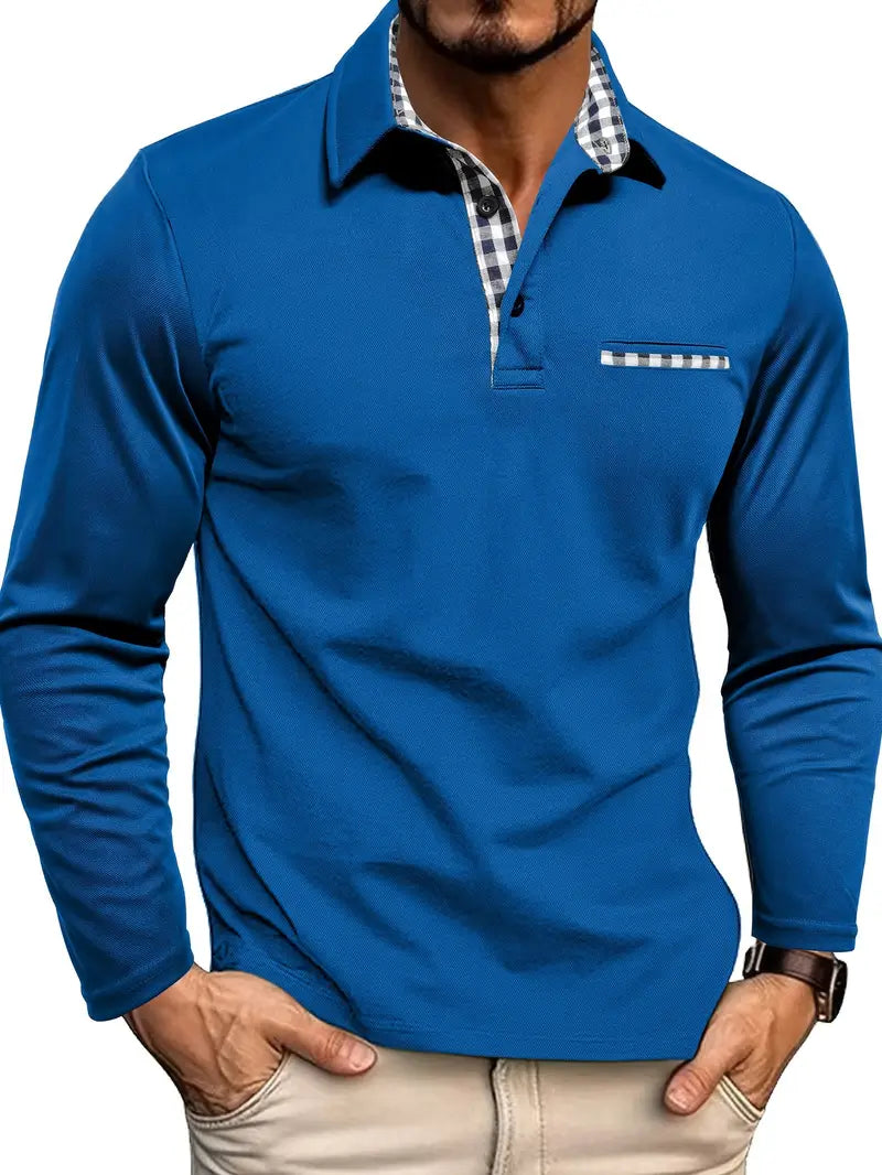 Elegant heren poloshirt met lange mouwen en borstzak, ideaal voor een nette, comfortabele lente- of herfstoutfit.