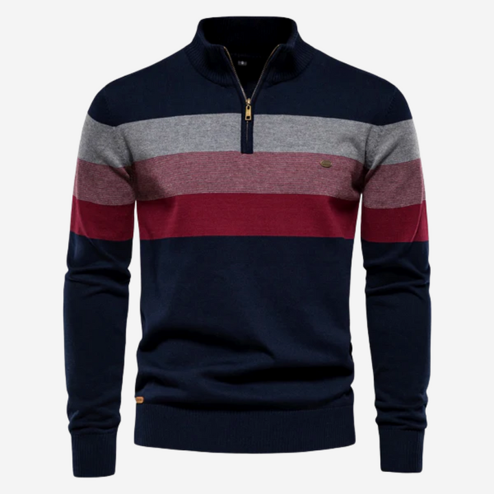 Heren gestreepte pullover in retro stijl met kraagje en rits. Perfect voor een stijlvolle winterlook.