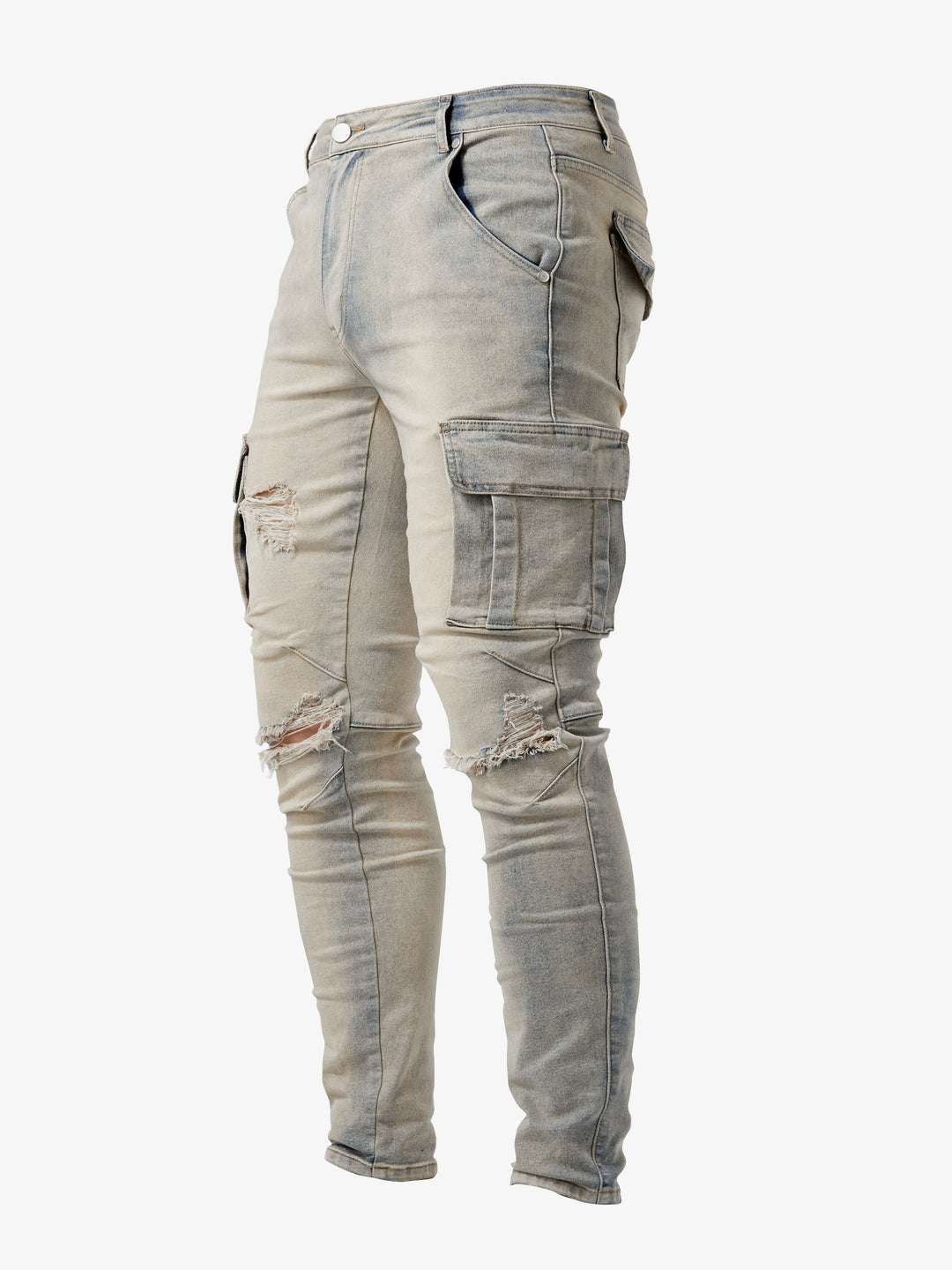 "Heren slim fit cargo jeans met stretch, meerdere zakken, casual street style, getoond van voren op een model"