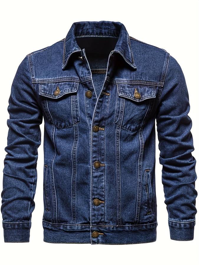 "Heren slim fit denim spijkerjack met borstzakken en knoopsluiting, te zien in donkerblauw. Stijlvol en veelzijdig ontwerp."