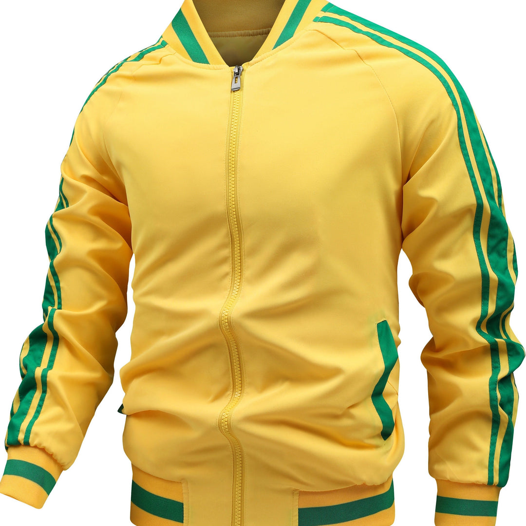 Manchetten en zoom van het heren sportieve bomberjack met elastische retro strepen.