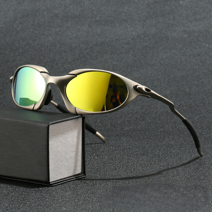 Stijlvolle heren zonnebril met onyx metaal titanium frame en gepolariseerde UV-beschermende lenzen.