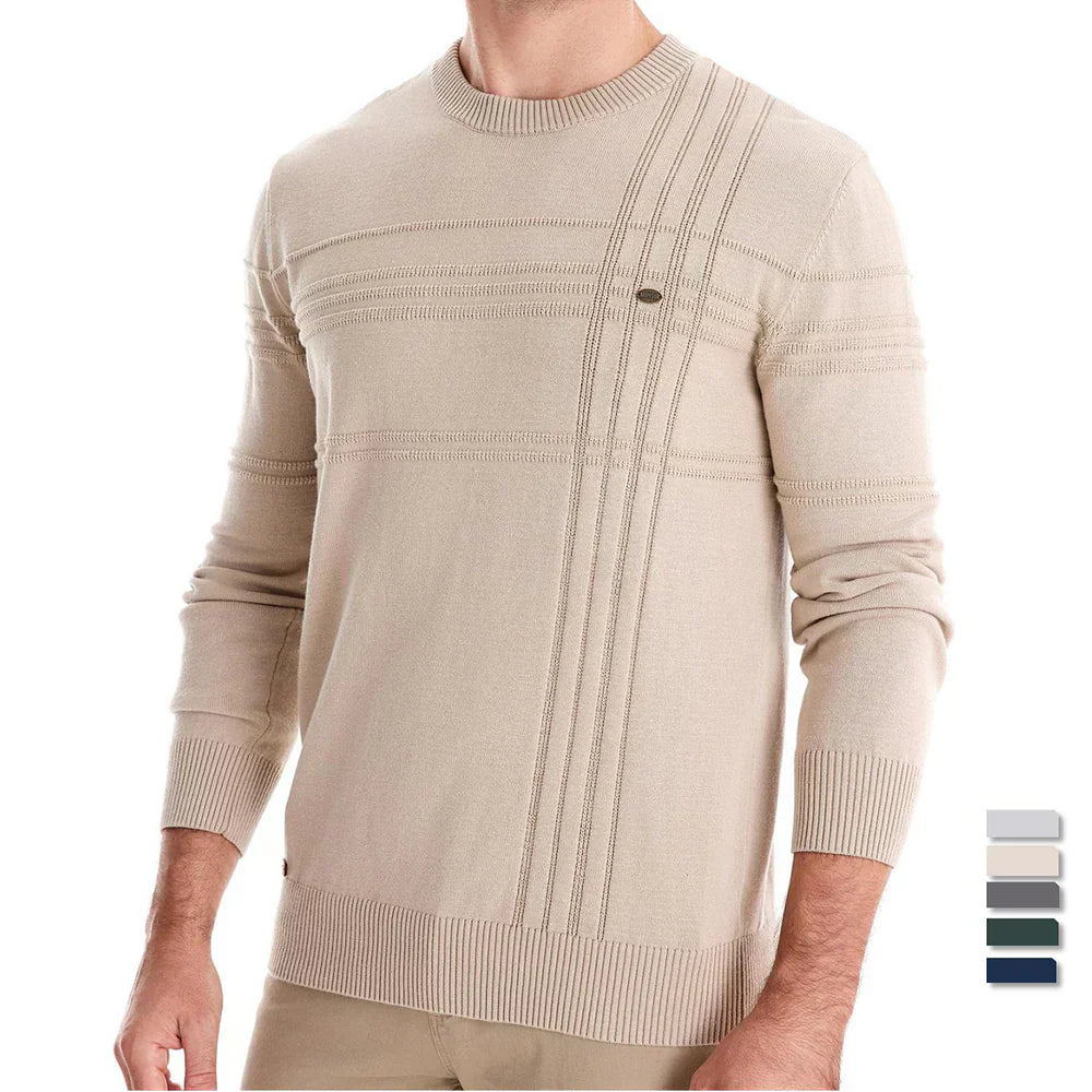 Beige heren trui met ronde hals en stijlvolle ribbels gedragen door een model