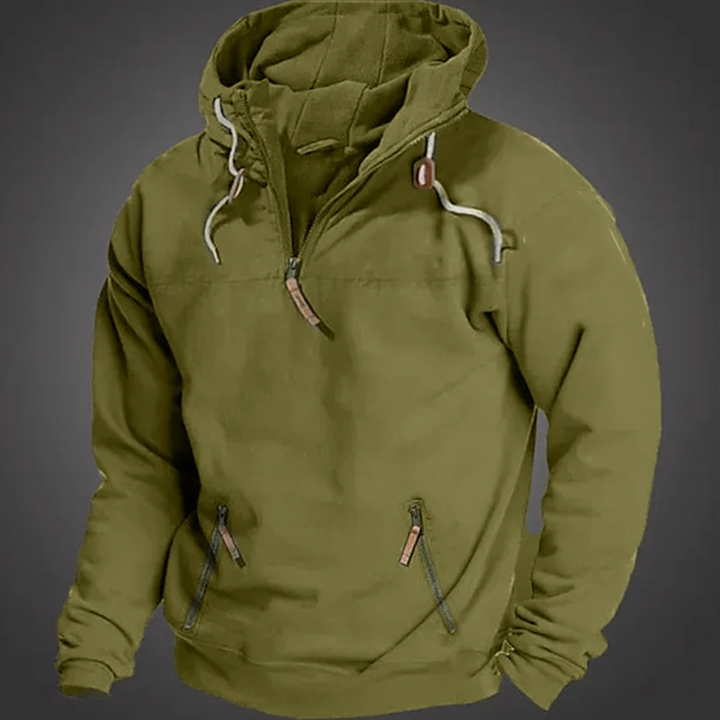 Warme heren hoodie met capuchon en veilige ritszakken; een veelzijdig kledingstuk voor koudere dagen, comfortabel en stijlvol.