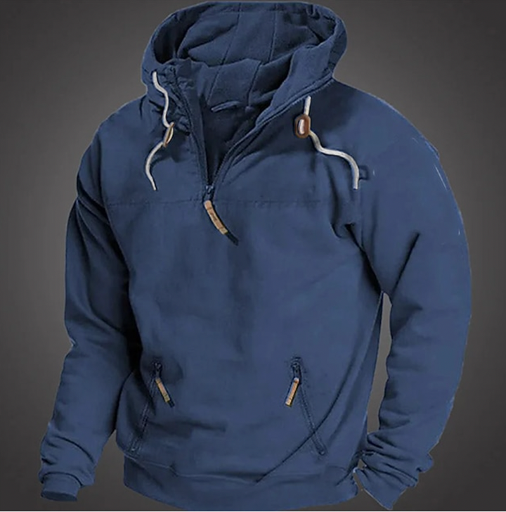 Comfortabele heren hoodie van warme stof met capuchon en handige ritszakken, perfect voor herfst en winter.