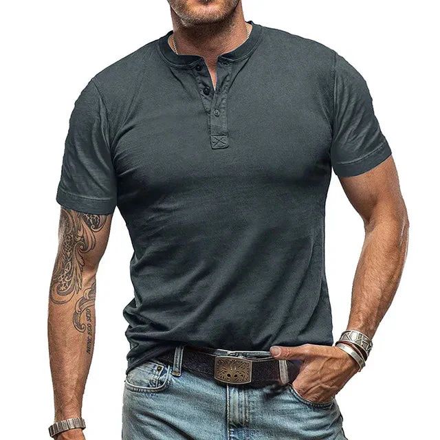 Heren zomer Henley T-shirt, korte mouwen, ademend; verkrijgbaar in zwart, beige, blauwgrijs en donkergrijs.