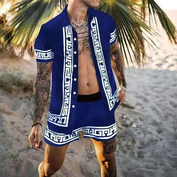 Modieuze heren zomerset met print, perfect voor stranddagen. Comfortabel en ademend.