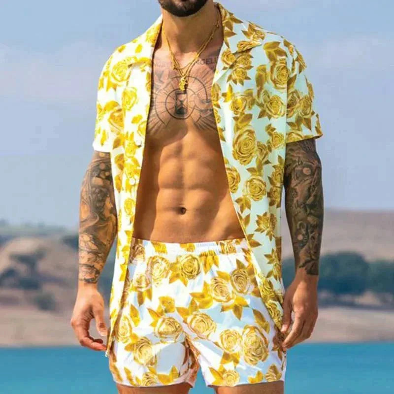Lichtgewicht heren zomerset, perfect voor hete dagen. Luchtig shirt en shorts met print.