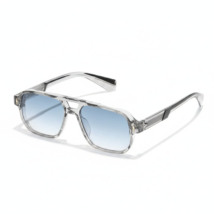 Heren zonnebril aviator met transparant montuur en blauwe glazen op witte achtergrond