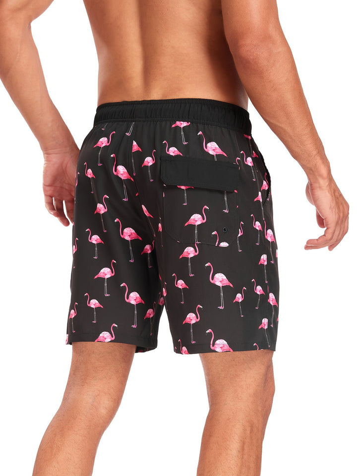 "Heren zwembroek met levendige tropische flamingo-print, sneldrogend materiaal en verstelbaar trekkoord voor comfort."