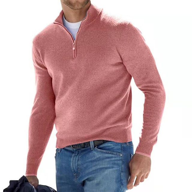 Klassieke herenpullover met V-hals en functionele halve rits, perfect voor gelaagde outfits.