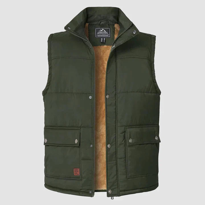 "Herfstige bodywarmer voor heren met meerdere zakken, ideale combinatie van functionaliteit en stijl voor buitenactiviteiten.