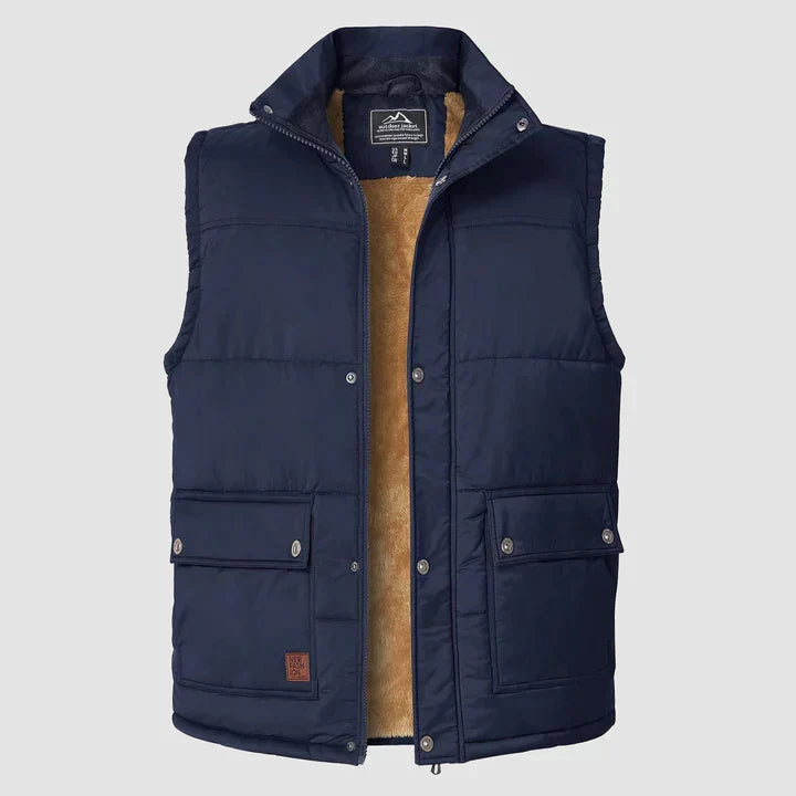"Herfstige bodywarmer voor heren met meerdere zakken, ideale combinatie van functionaliteit en stijl voor buitenactiviteiten.