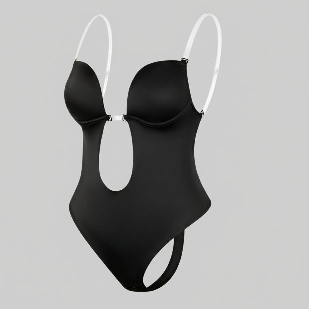 Figuurcorrigerend ondergoed dames, diepe V & rugloos, onzichtbaar onder kleding. Zwarte lingerie body shaper.