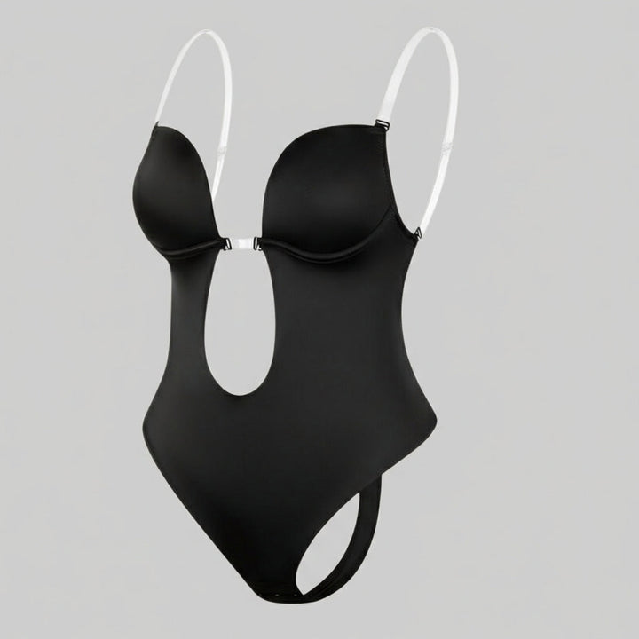 Figuurcorrigerend ondergoed dames, diepe V & rugloos, onzichtbaar onder kleding. Zwarte lingerie body shaper.