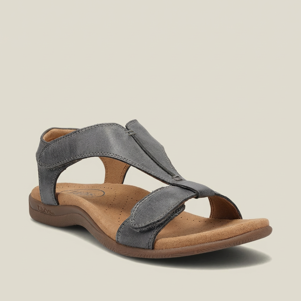 Grijze orthopedische sandalen van Lori voor dames, bieden voetpijn verlichting en stabiliteit.