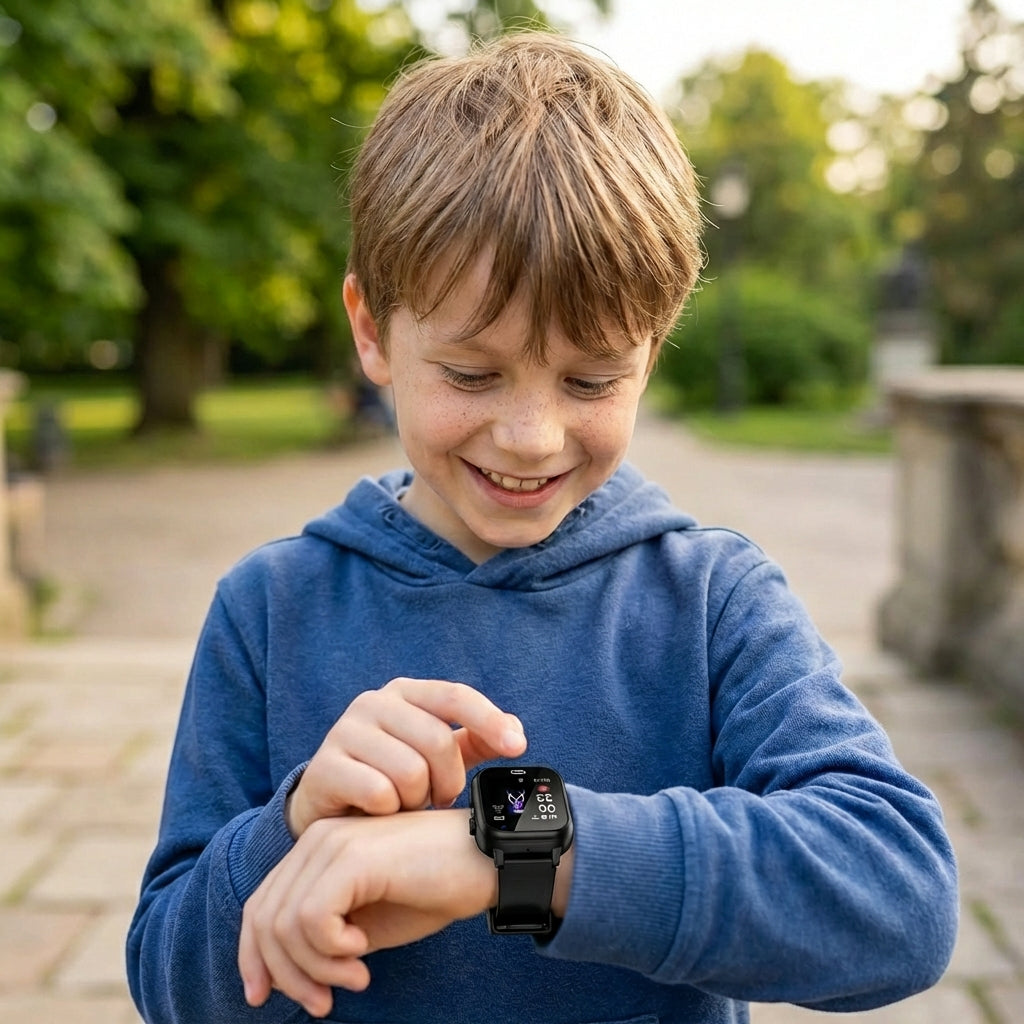 Kind controleert de functies van zijn zwarte GPS kinderhorloge, perfect voor dagelijks gebruik.
