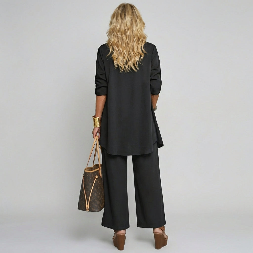 Comfortabele driedelige dames broekpak set met vest, top en broek; veelzijdig & elegant.