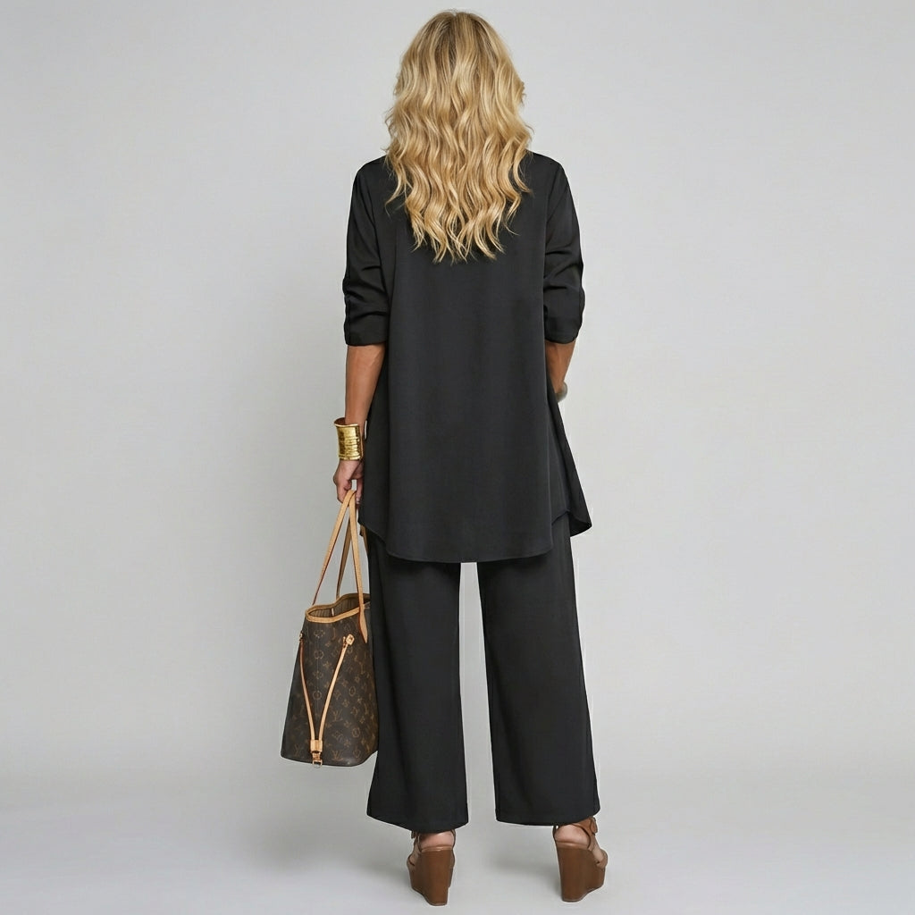 Comfortabele driedelige dames broekpak set met vest, top en broek; veelzijdig & elegant.