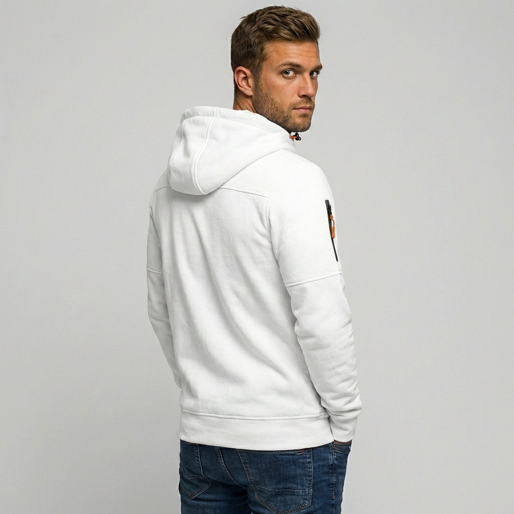 Comfortabel herenvest van polyester katoen met kangoeroezak en capuchon.