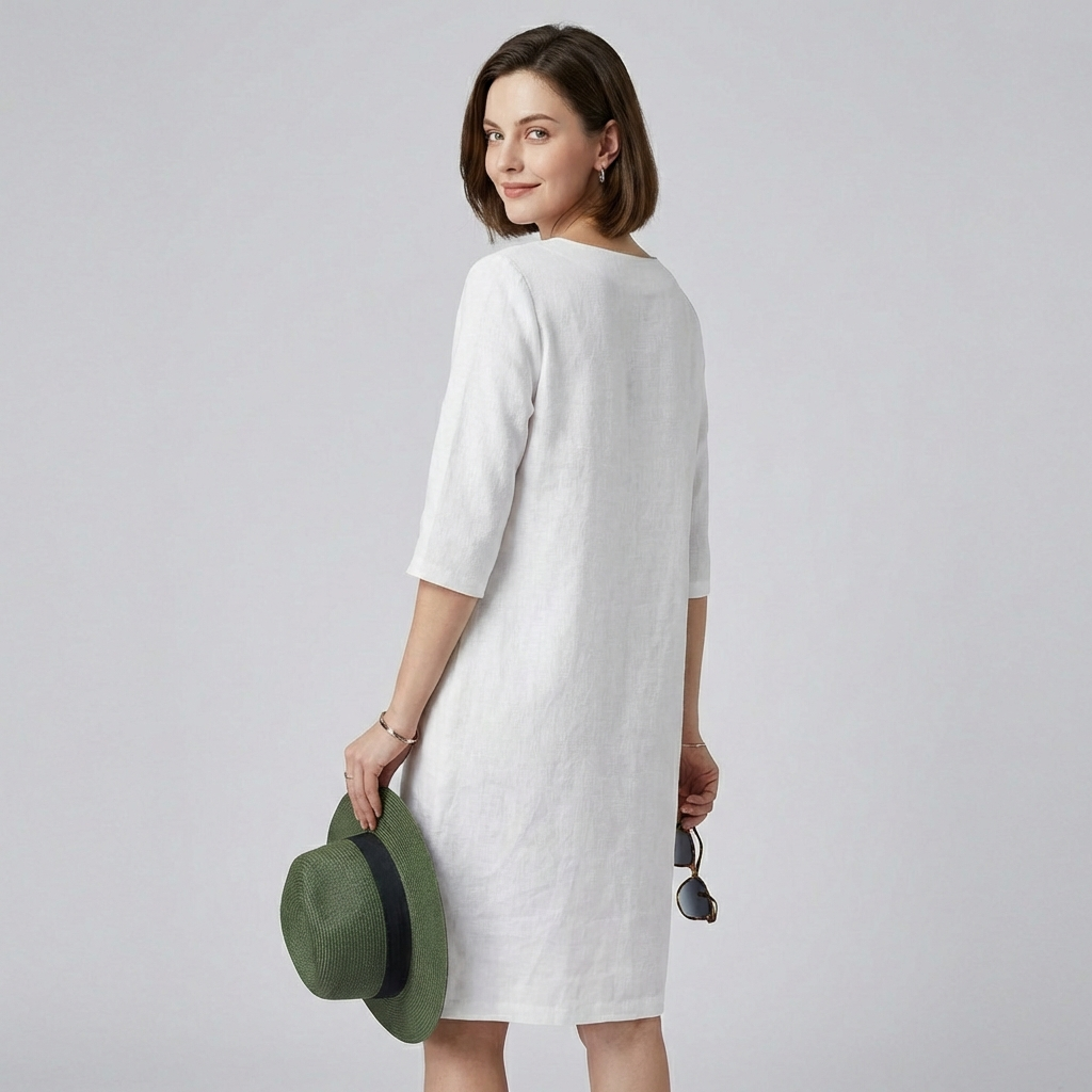 Achterkant van een model in een witte zomerjurk met korte mouwen