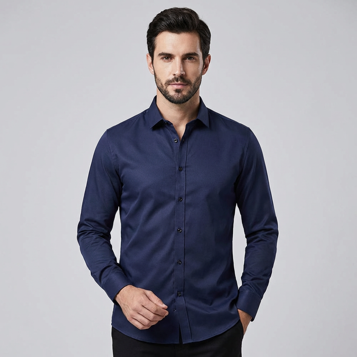 Herenoverhemd strijkvrij, blauw, met stretch voor optimaal comfort en een slimfit pasvorm. Perfect voor zakelijke look.