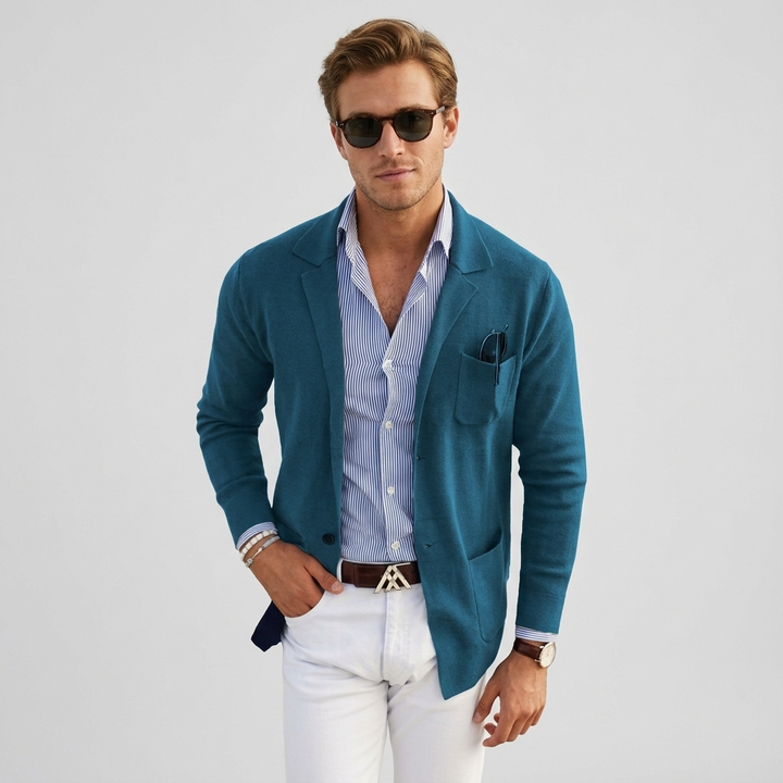 Marineblauwe heren blazer met casual zakken, een essentieel kledingstuk voor de moderne man.