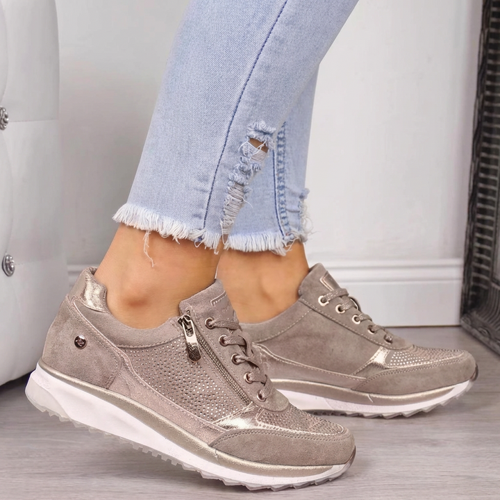 Diverse kleuren orthopedische dames wandelschoenen (grijs, blauw, groen, khaki) tonen comfort en stijl.