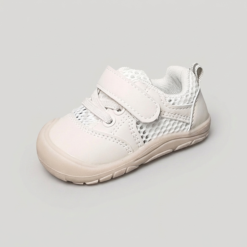 Gedetailleerde foto van flexibele barefoot babyschoenen, ontworpen voor optimale natuurlijke voetontwikkeling.