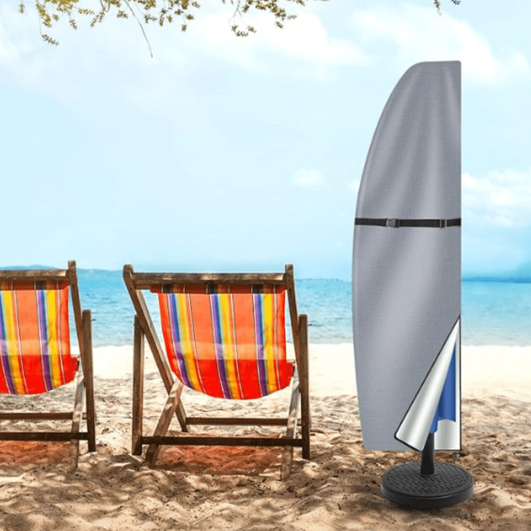 Detailweergave van de grijze beschermhoes voor parasols met ritssluiting