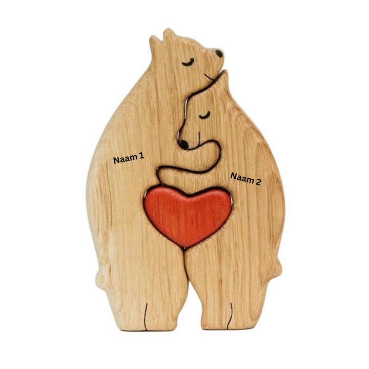 "Houten berenfamilie decor, gepersonaliseerd voor elk gezin, warme houten figuren, ideaal voor interieurdecoratie."