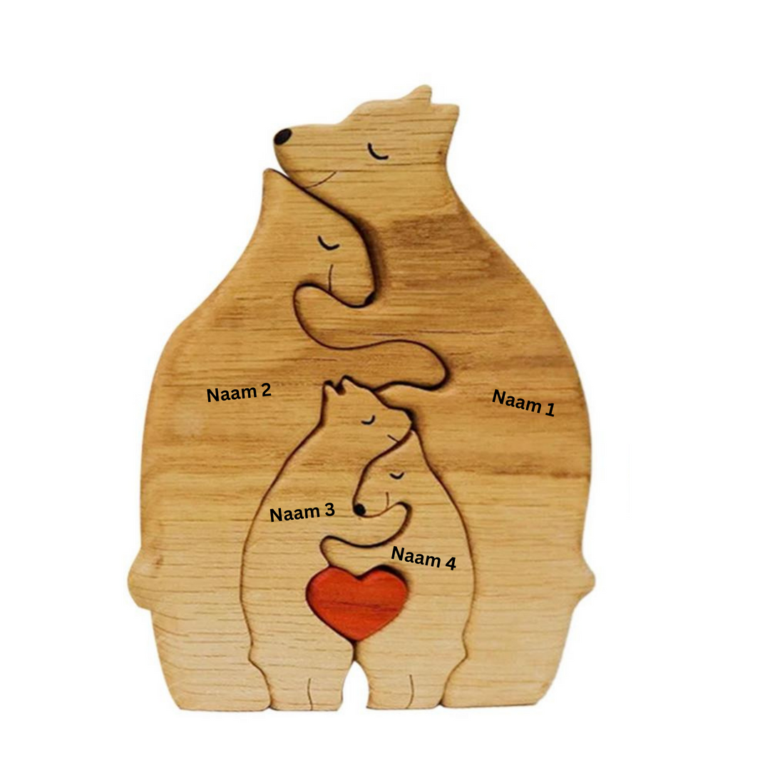 "Houten berenfamilie decor, gepersonaliseerd voor elk gezin, warme houten figuren, ideaal voor interieurdecoratie."