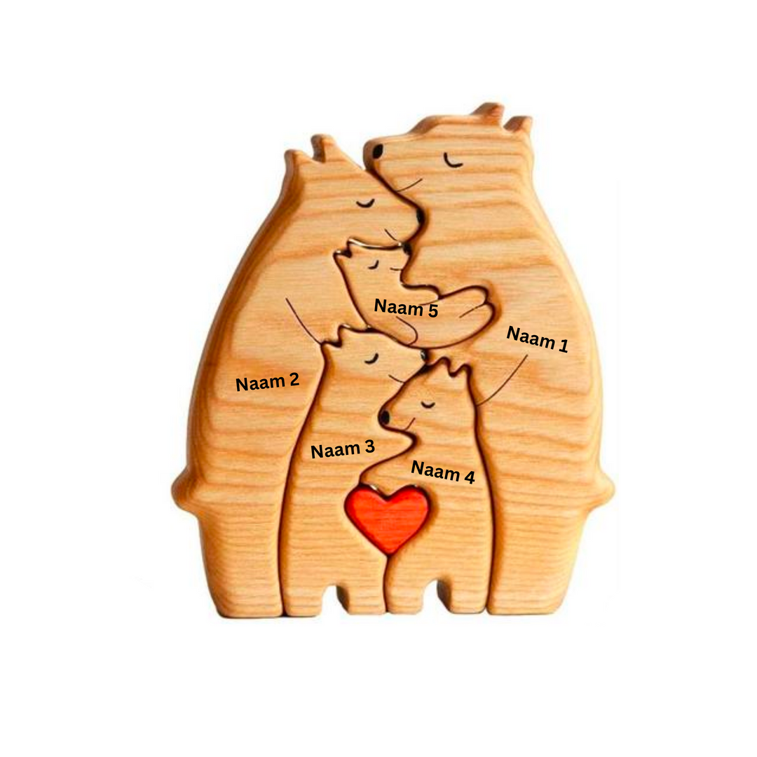 "Houten berenfamilie decor, gepersonaliseerd voor elk gezin, warme houten figuren, ideaal voor interieurdecoratie."