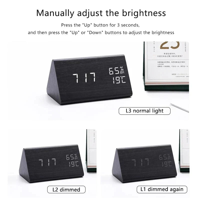 Houten wekker met LED-display, spraakbesturing en temperatuurweergave; elegant design voor elke moderne slaapkamer.