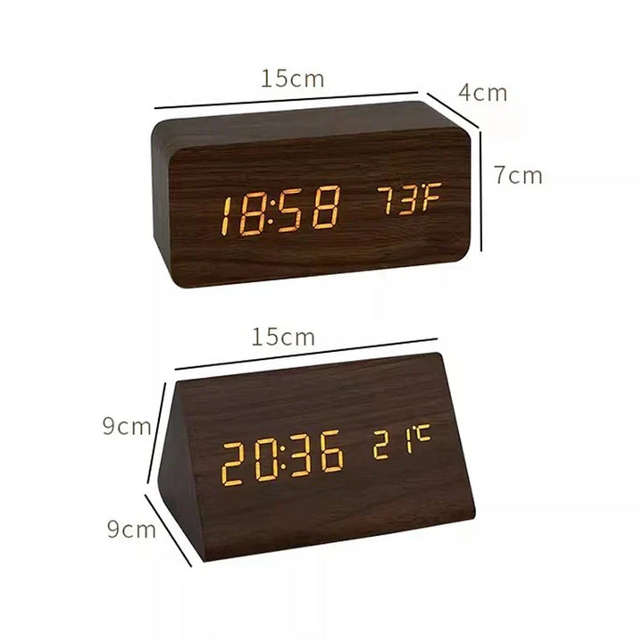 Houten wekker met LED-display, spraakbesturing en temperatuurweergave; elegant design voor elke moderne slaapkamer.