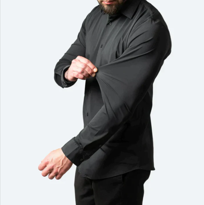 Elegant heren overhemd met stretch pasvorm en lange mouw, essentieel voor de garderobe van de moderne man.