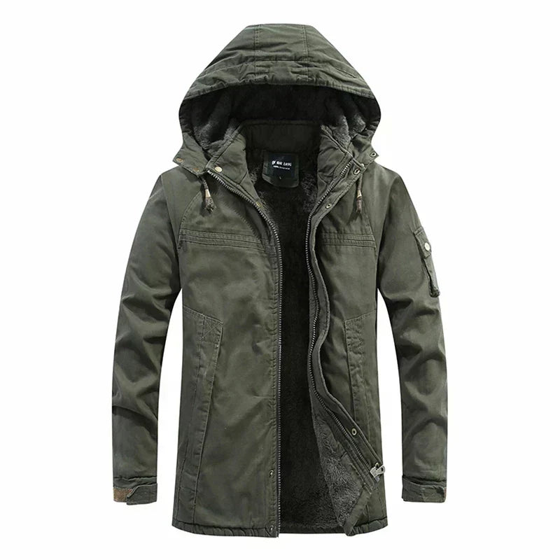 Hunter winterjas voor heren met fleece voering, robuuste buitenlaag en afneembare capuchon; stijlvol en warm in de kou.