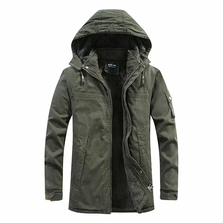 Hunter winterjas voor heren met fleece voering, robuuste buitenlaag en afneembare capuchon; stijlvol en warm in de kou.
