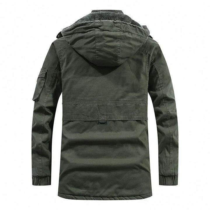 Hunter winterjas voor heren met fleece voering, robuuste buitenlaag en afneembare capuchon; stijlvol en warm in de kou.