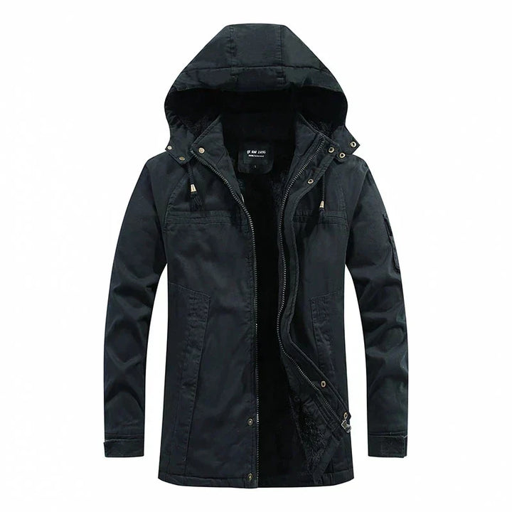 Hunter winterjas voor heren met fleece voering, robuuste buitenlaag en afneembare capuchon; stijlvol en warm in de kou.