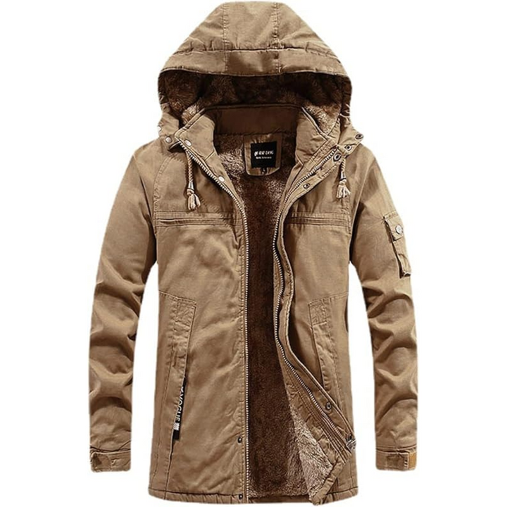 Hunter winterjas voor heren met fleece voering, robuuste buitenlaag en afneembare capuchon; stijlvol en warm in de kou.