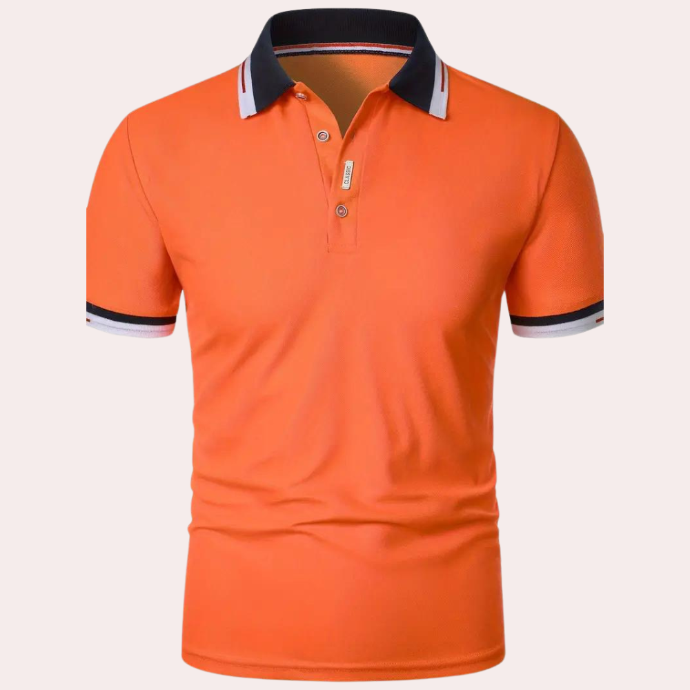 "Iconisch oranje herenpoloshirt, perfecte pasvorm, veelzijdig voor sportieve en casual gelegenheden"