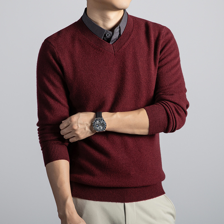 Comfortabele heren trui met v-hals in gebreide stijl voor een smart casual kantoorlook