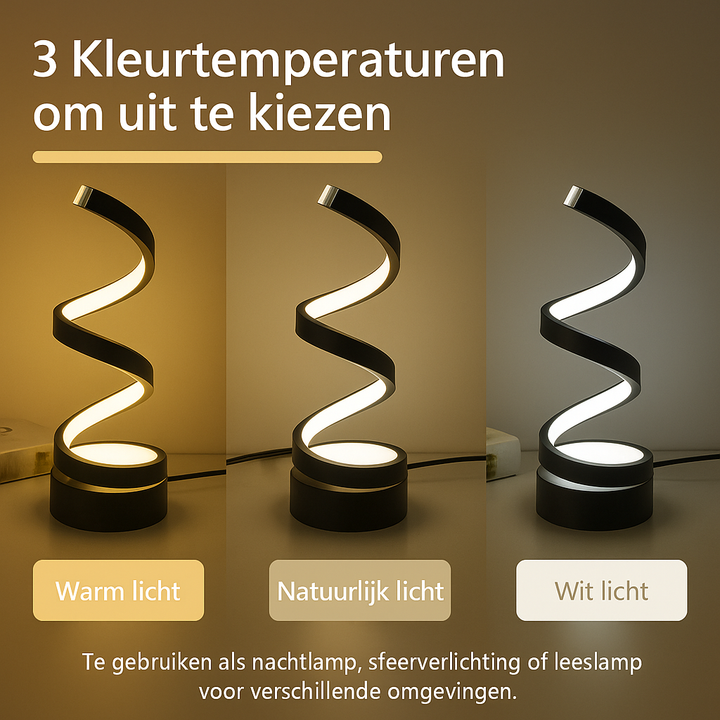 Decoratieve moderne spiraal LED tafellamp, energiezuinig en dimbaar. Perfect als stijlvolle sfeerverlichting op een tafel.