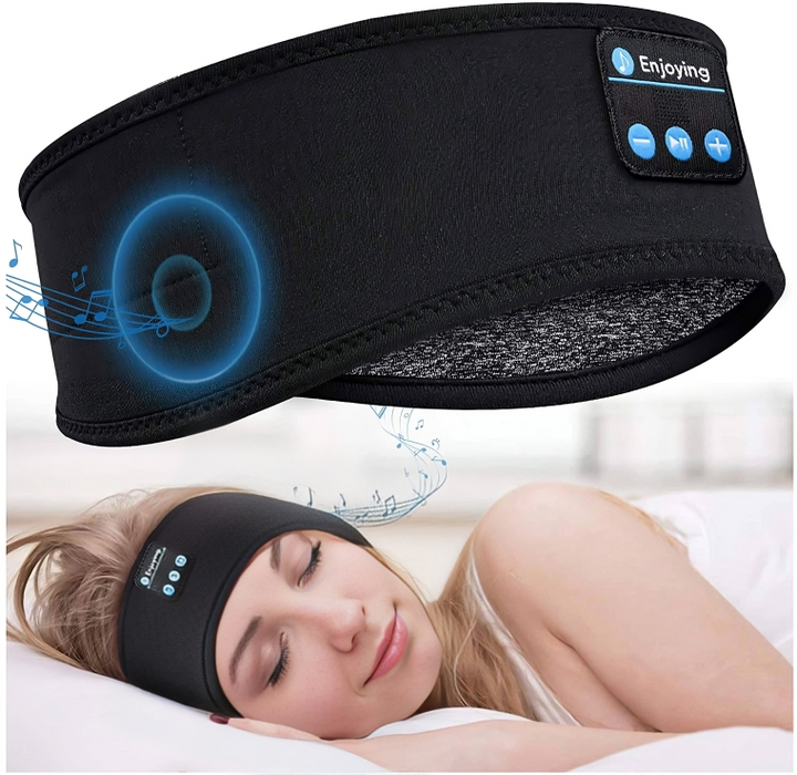 Unisex draadloze slaap koptelefoon & oogmasker voor comfortabele nachtrust en ontspanning tijdens reizen.