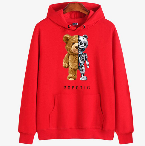 Rode heren hoodie met uniek teddybeer en robot design